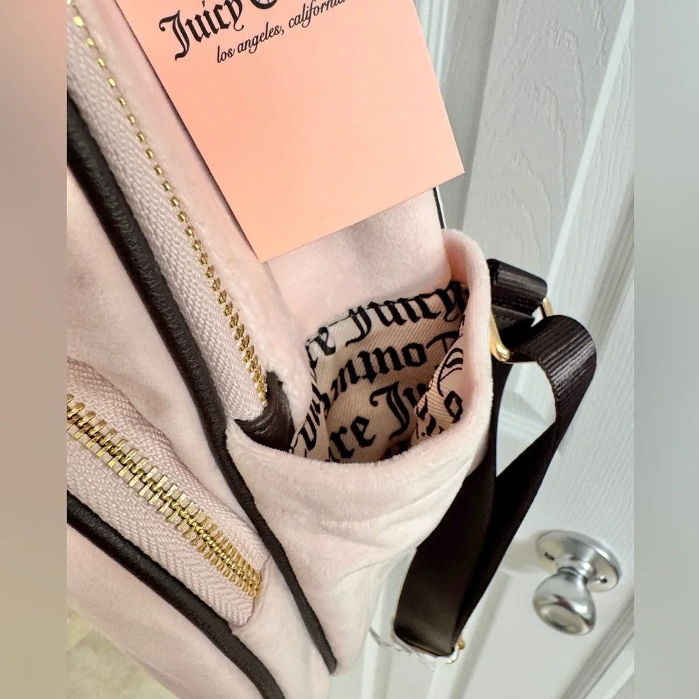 NWT Juicy Couture Mini Pink Velvet Backpack with Black Straps - Picture 8 of 12
